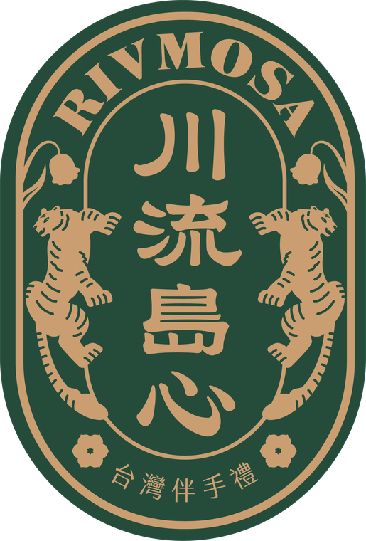 川流島心品牌徽章，綠底金線，雙虎與鈴蘭環繞川流島心字樣
